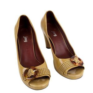 Joy Chen MUSTARD REAL LEATHER HIGH HEEL OPEN TOE BUCKLE CLASSIC PUMP SHOES Sz 9